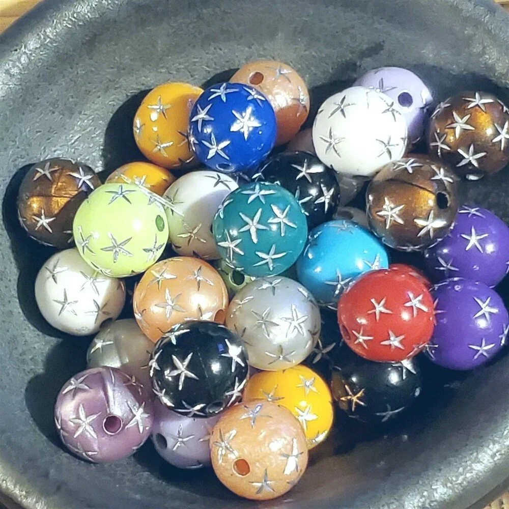 Mixed Colors Vintage Retro Silver Stars 12mm Round Acrylic Shabby Beads 10 pcs